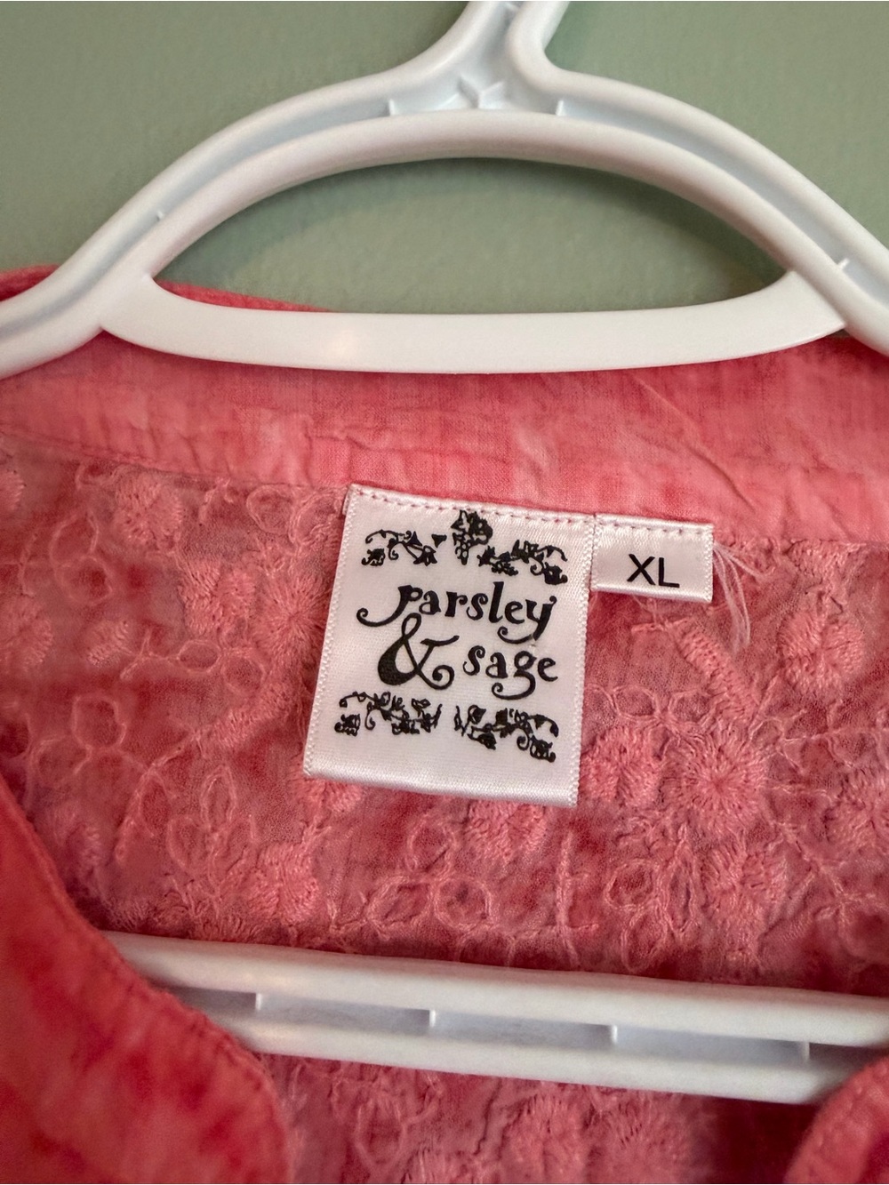 Parsley Sage Cotton Embroidered Tunic Blouse XL Coral Pink Lagenlook Mori Boho - Picture 7 of 16